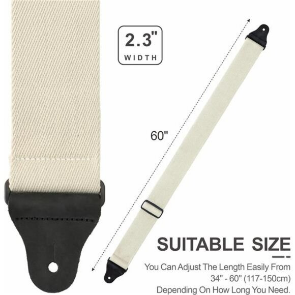 Milk White Cotton Guitar Strap Wide Adjustable Leather Ends Bass Electric - Picture 6 of 7